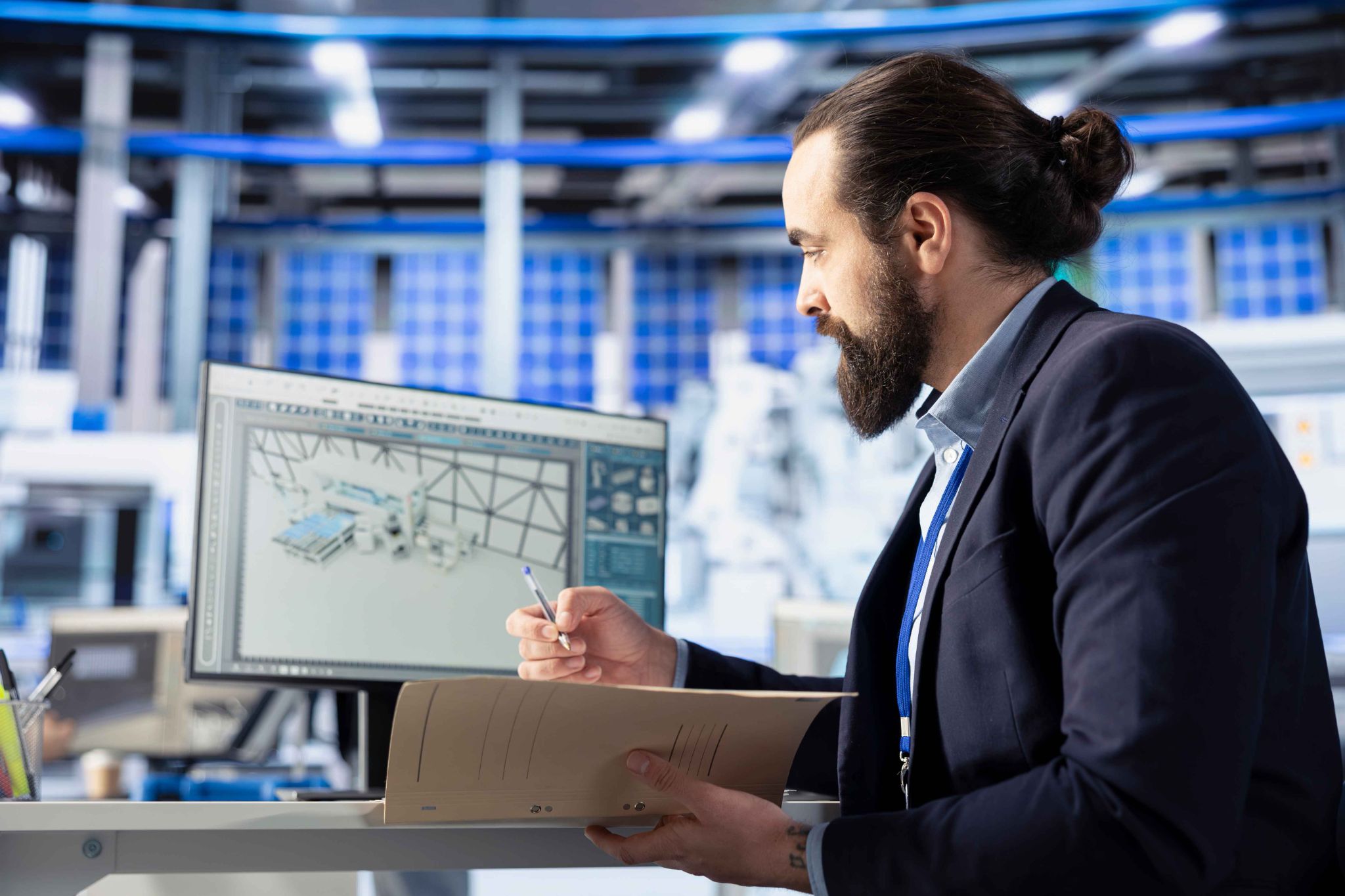 Business manager reviewing workforce tracking and operational reports