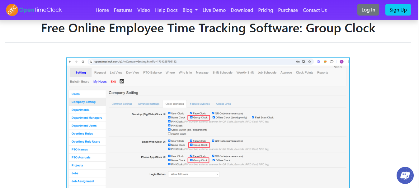OpenTimeClock Free Online Employee Time Tracking Software Interface