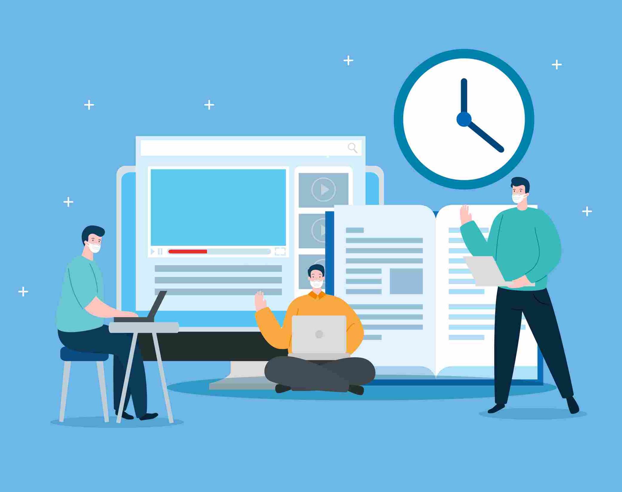 Illustration of people working with a large clock in the background