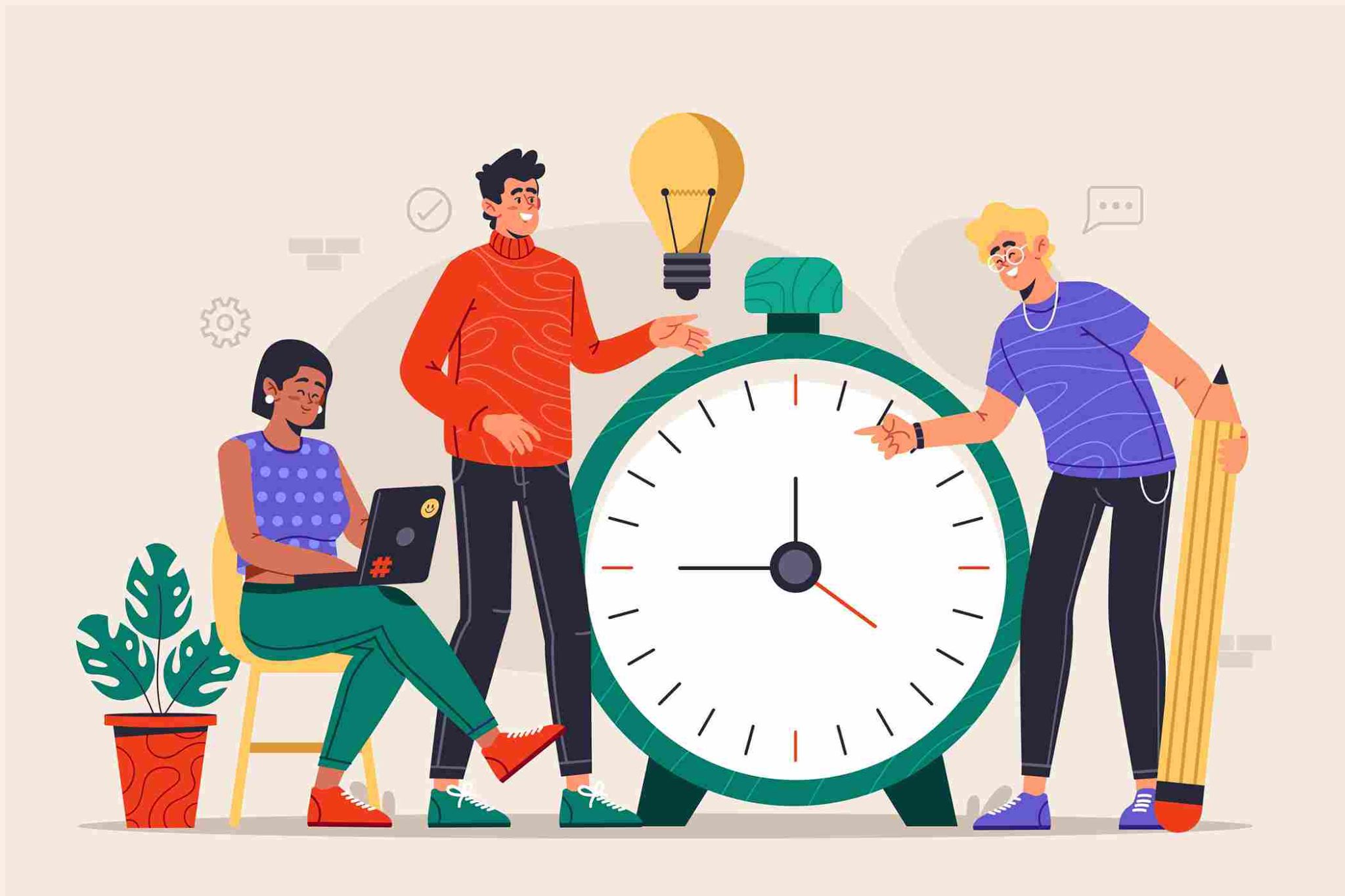 Illustration of three people around a giant clock