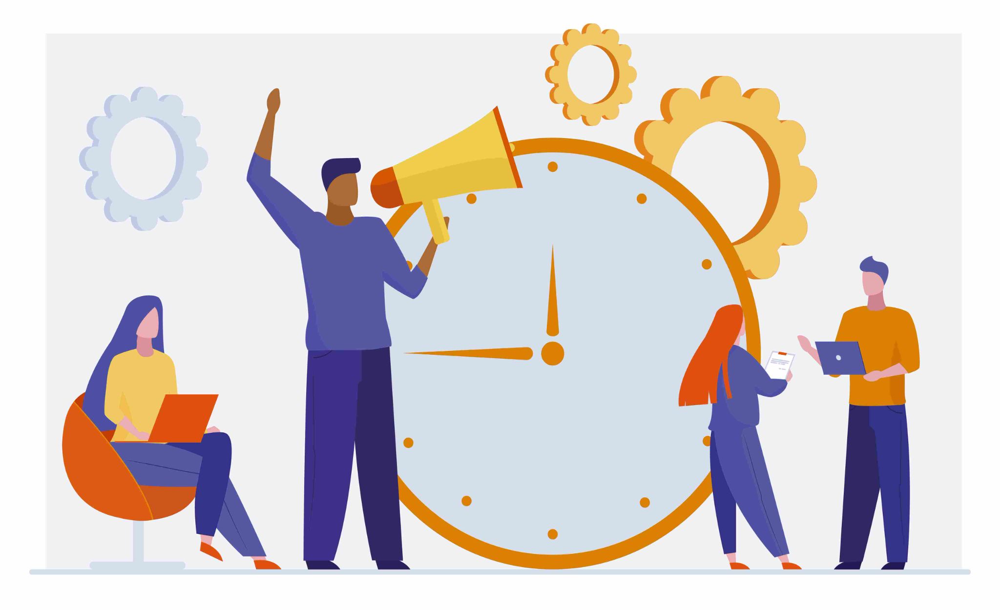Illustration of people around a clock, one with a megaphone