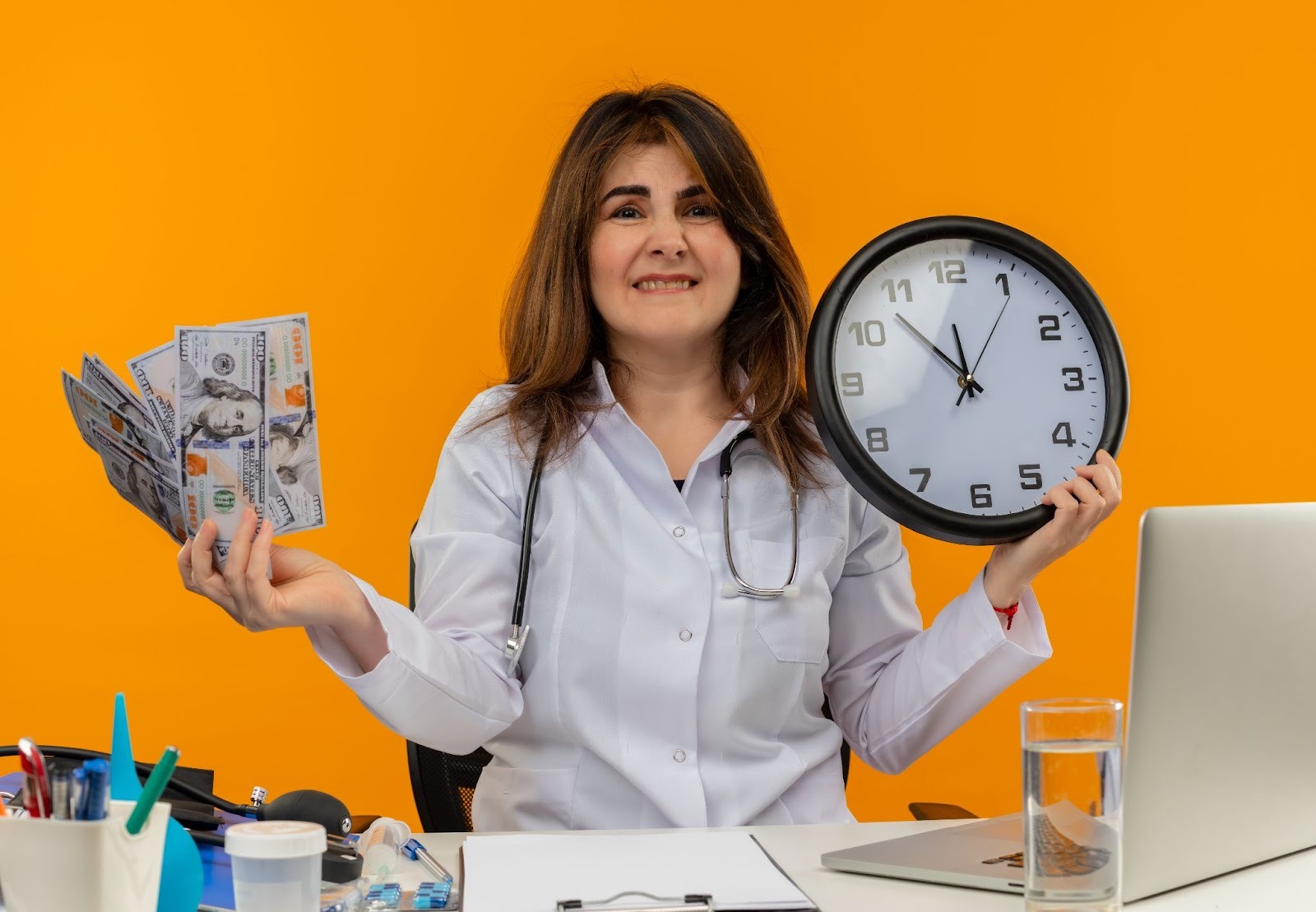 Woman holding money and a clock showing travel time pay rates
