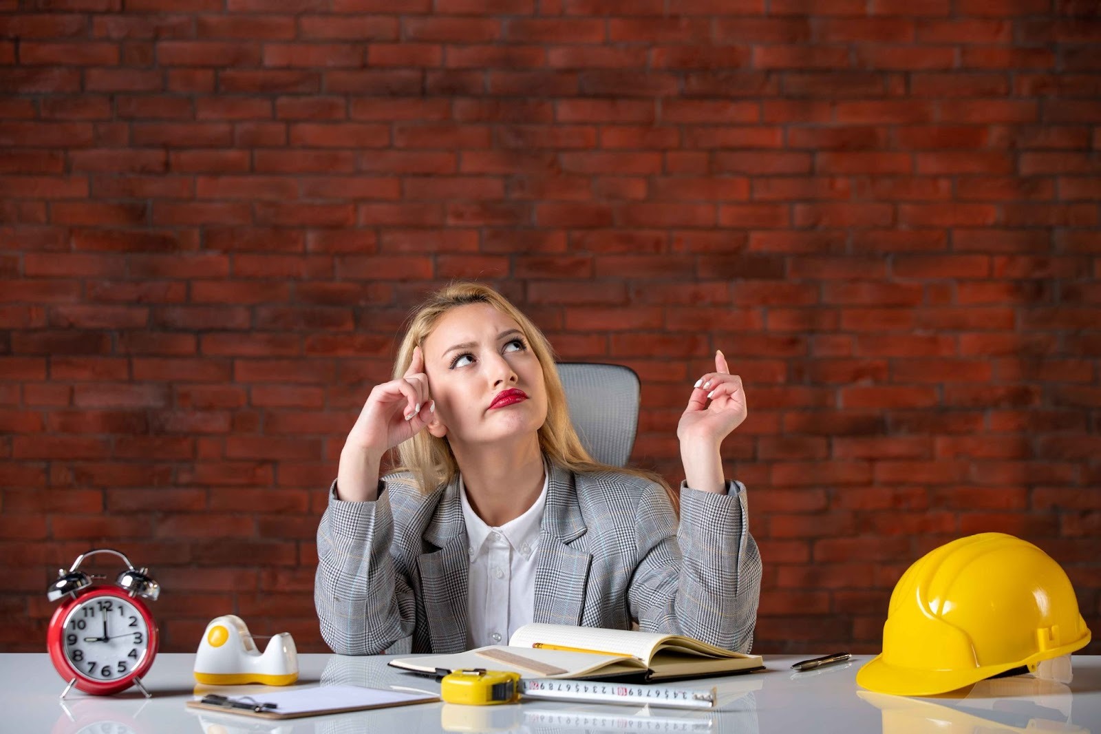 Woman at desk thinking with a hard hat and clock