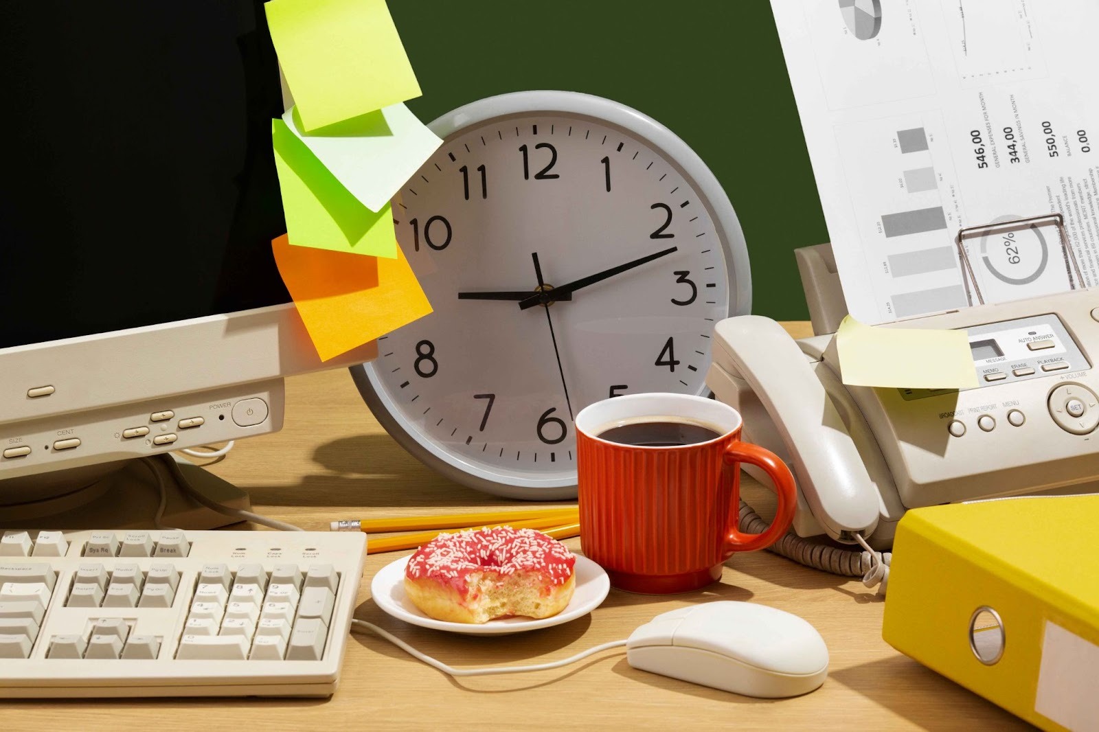 Clock with sticky notes, donut, and coffee