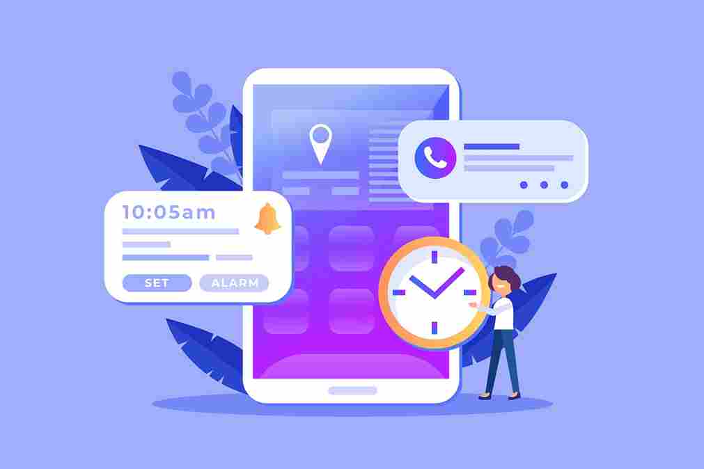 Illustration of a mobile phone with a clock and calendar