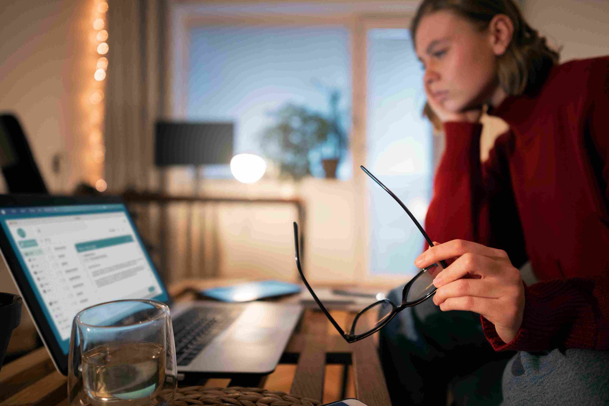 Woman holding glasses looking at a laptop