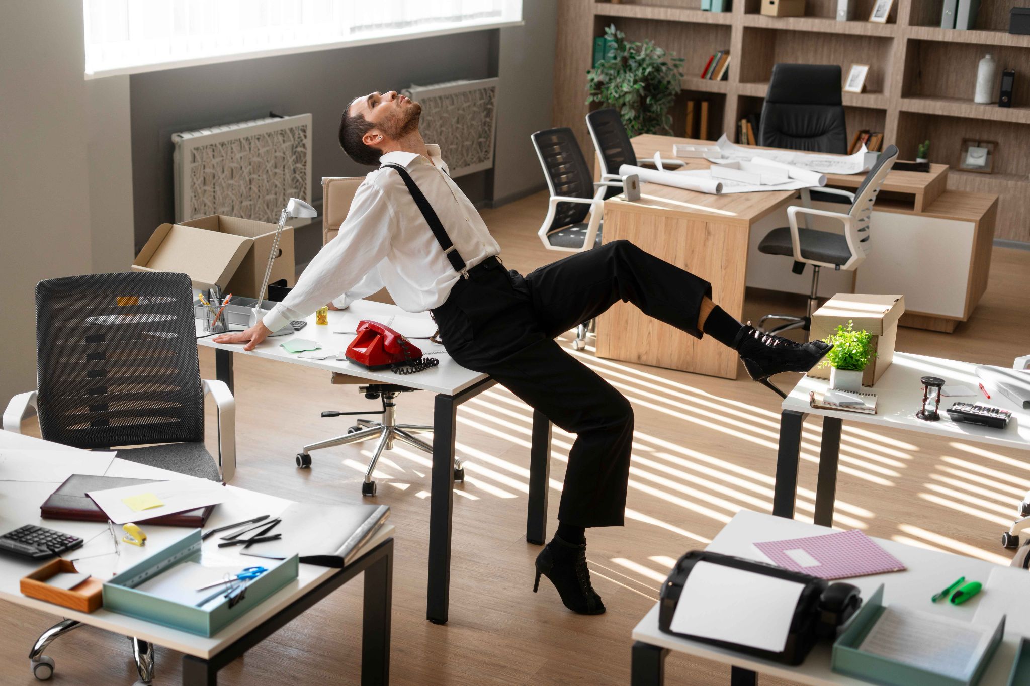 Man leaning back on desk, showing signs of fatigue