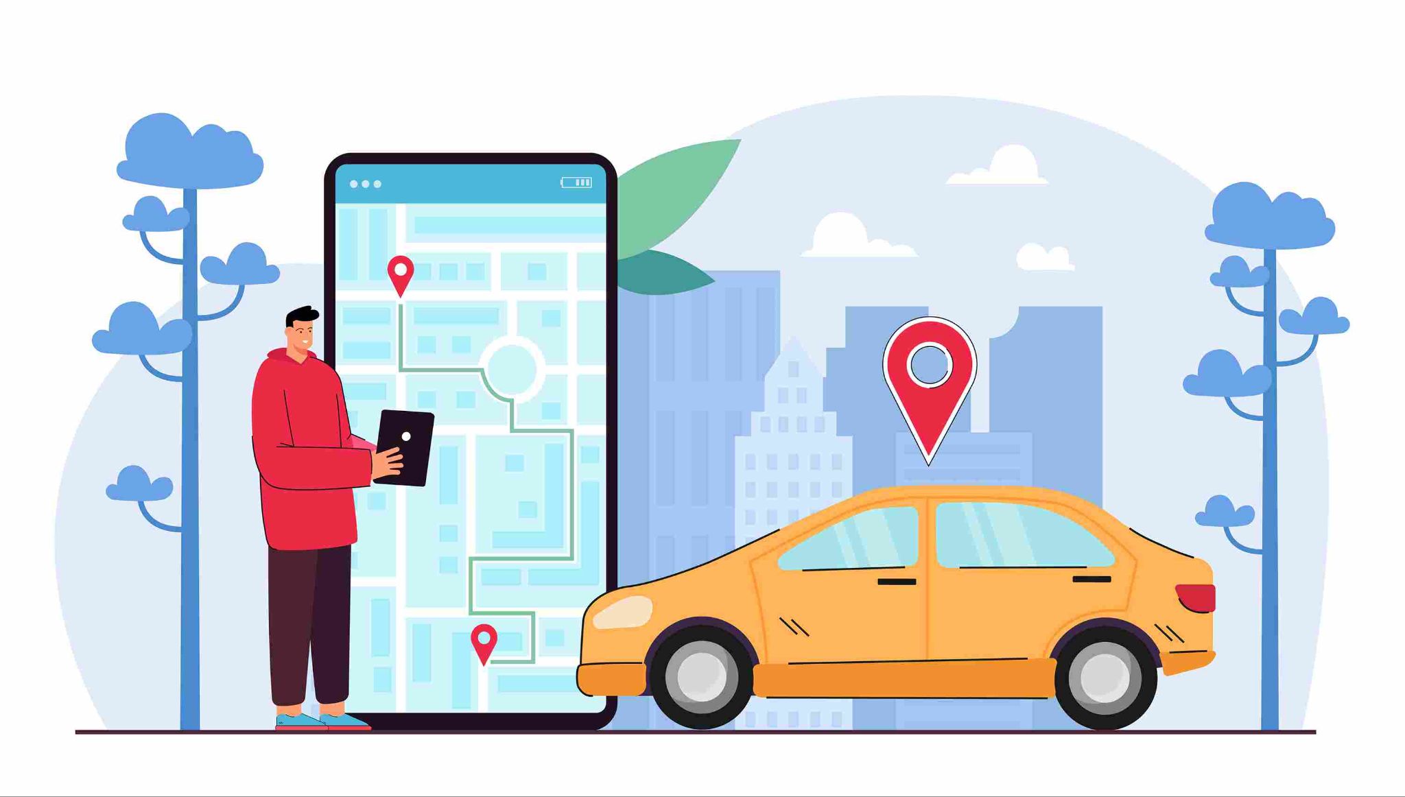 Illustration of GPS tracking for a company vehicle and mobile app