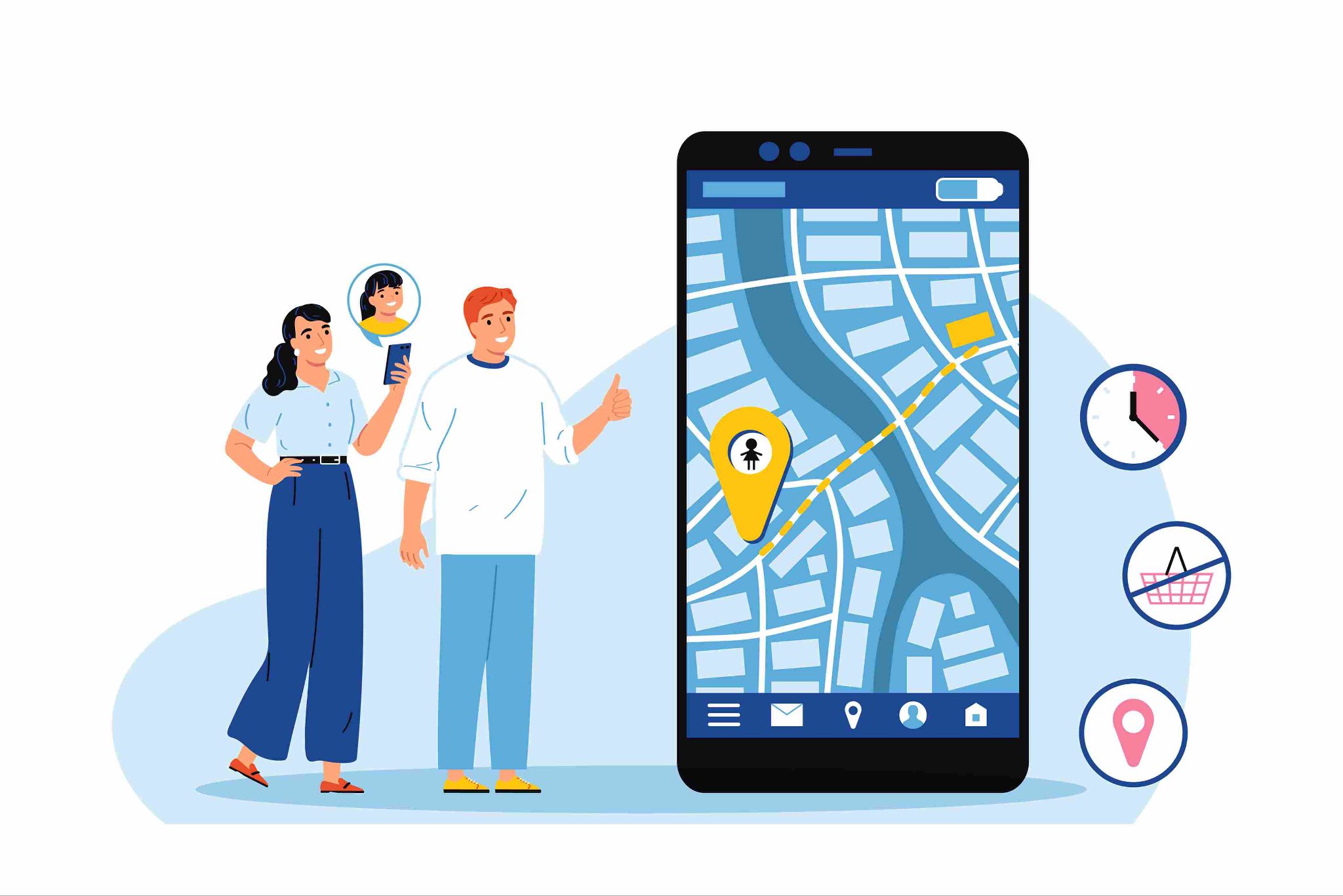 Two people looking at a giant smartphone displaying a GPS map