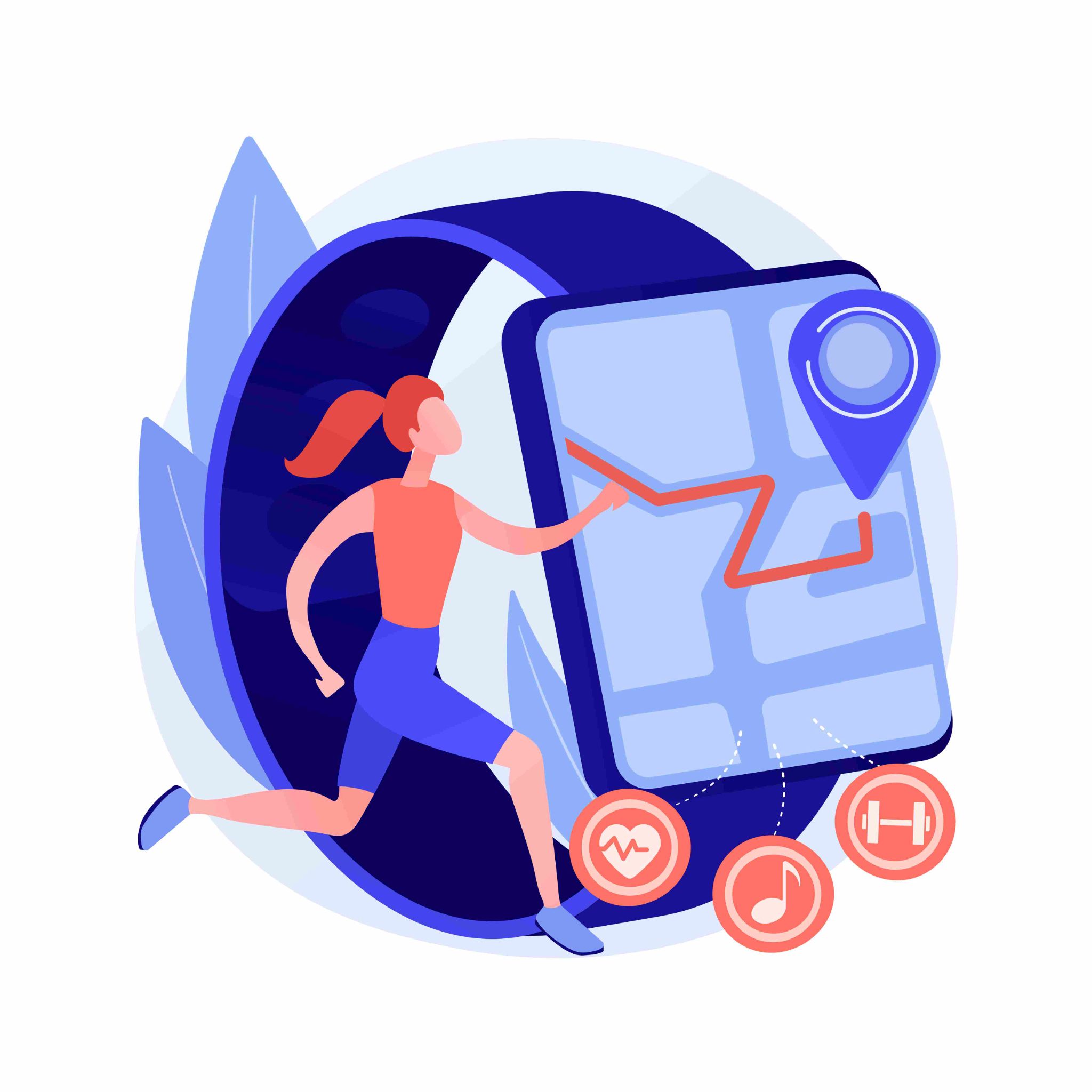 Illustration of a person running inside a smartwatch with a map route