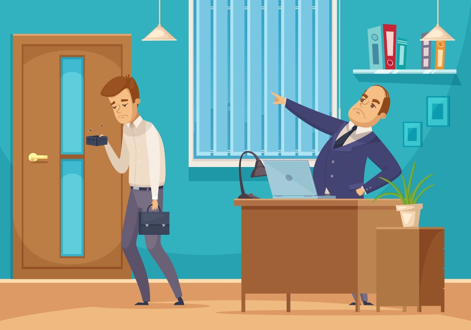 Employee stressed at time clock with angry boss