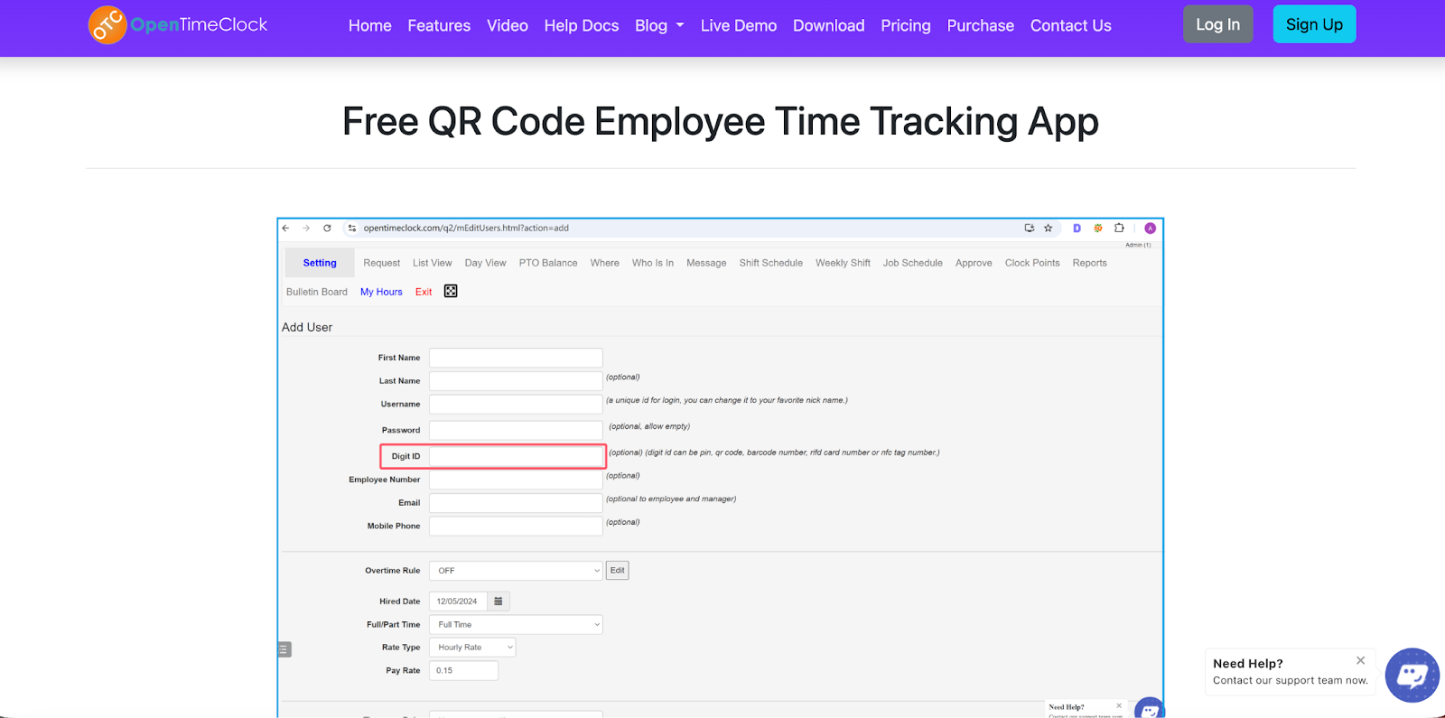 Open Time Clock QR Code Employee Time Tracking App interface