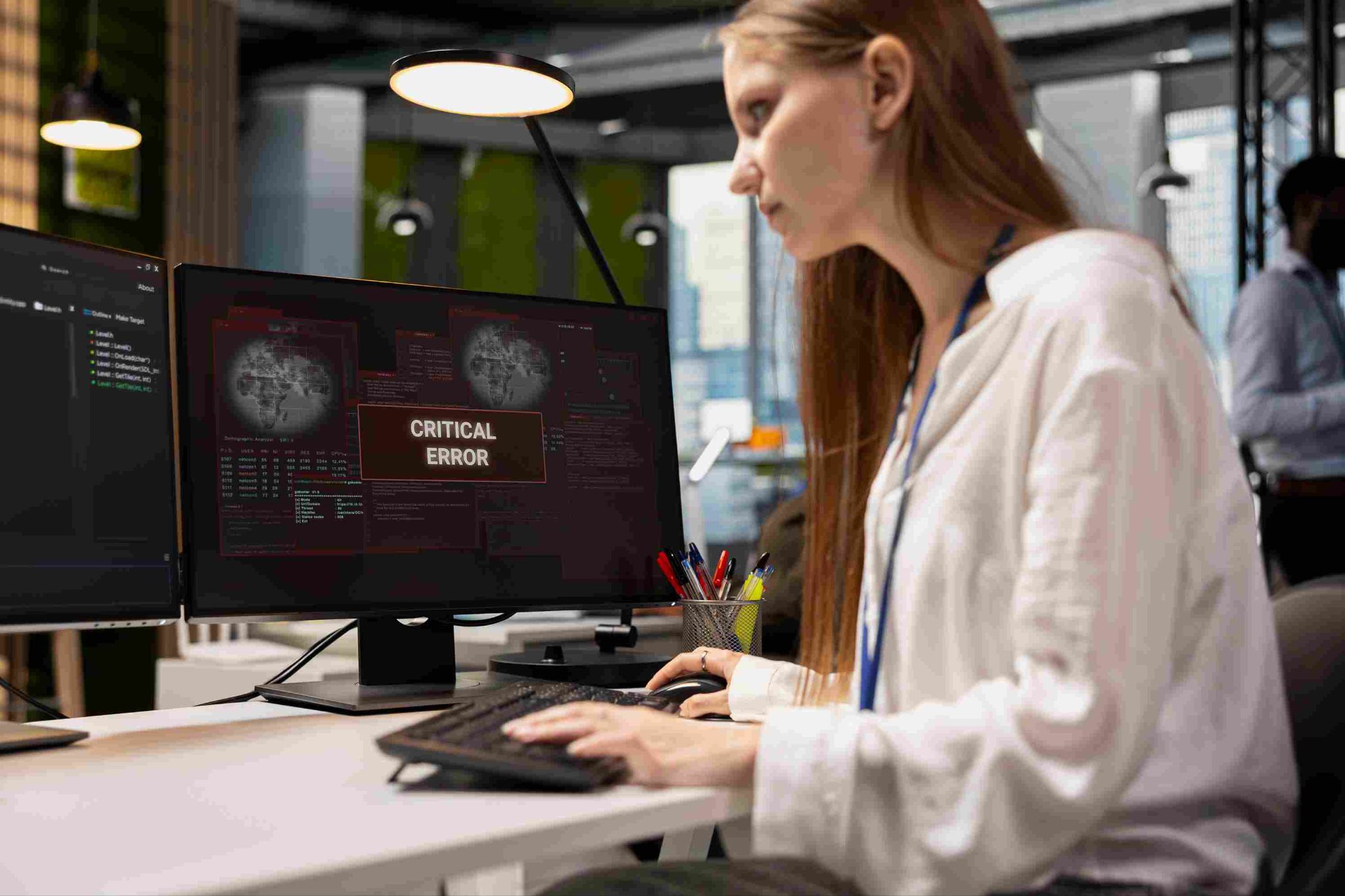 Person looking at a monitor with CRITICAL ERROR text and graphs