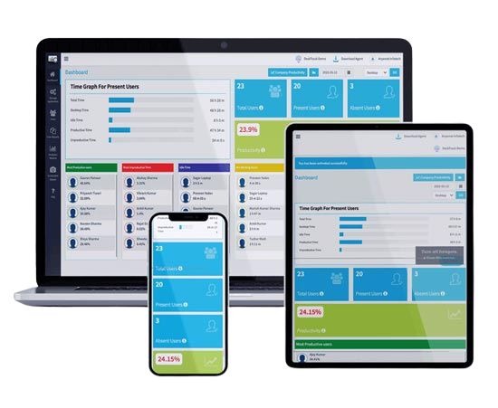 Time tracking software displayed on a laptop, tablet, and mobile phone