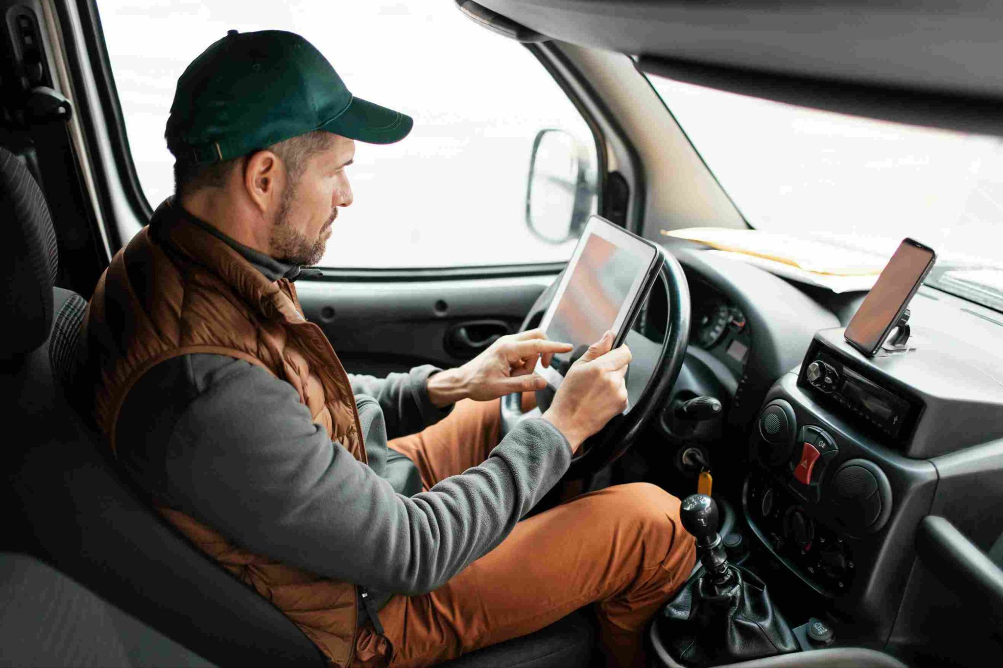Truck driver sitting in the cab of a truck looking at a smartphone