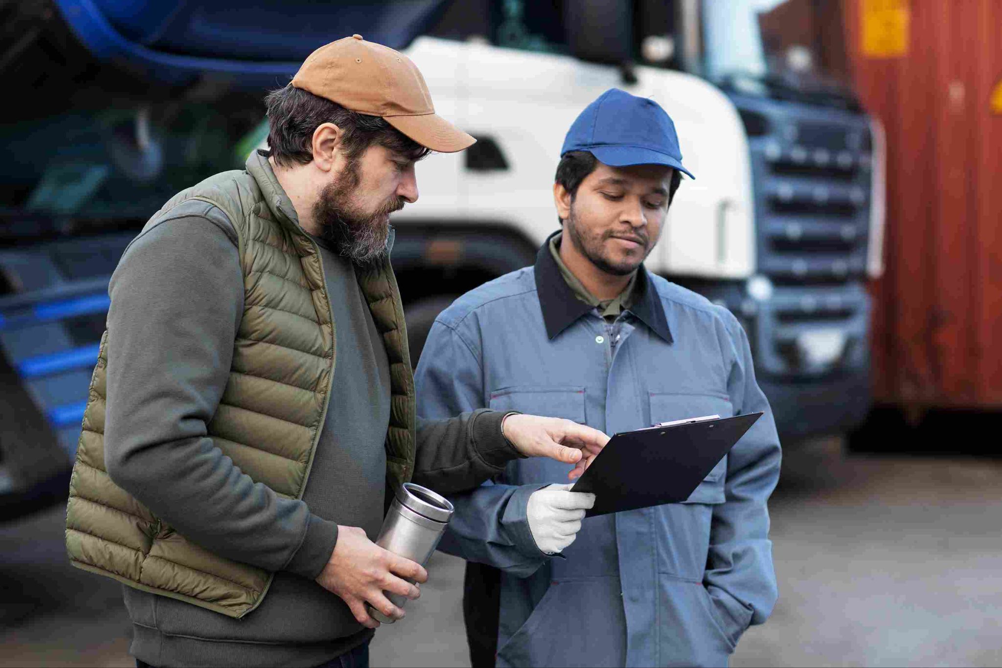 Two men in work clothes reviewing a clipboard next to a truck