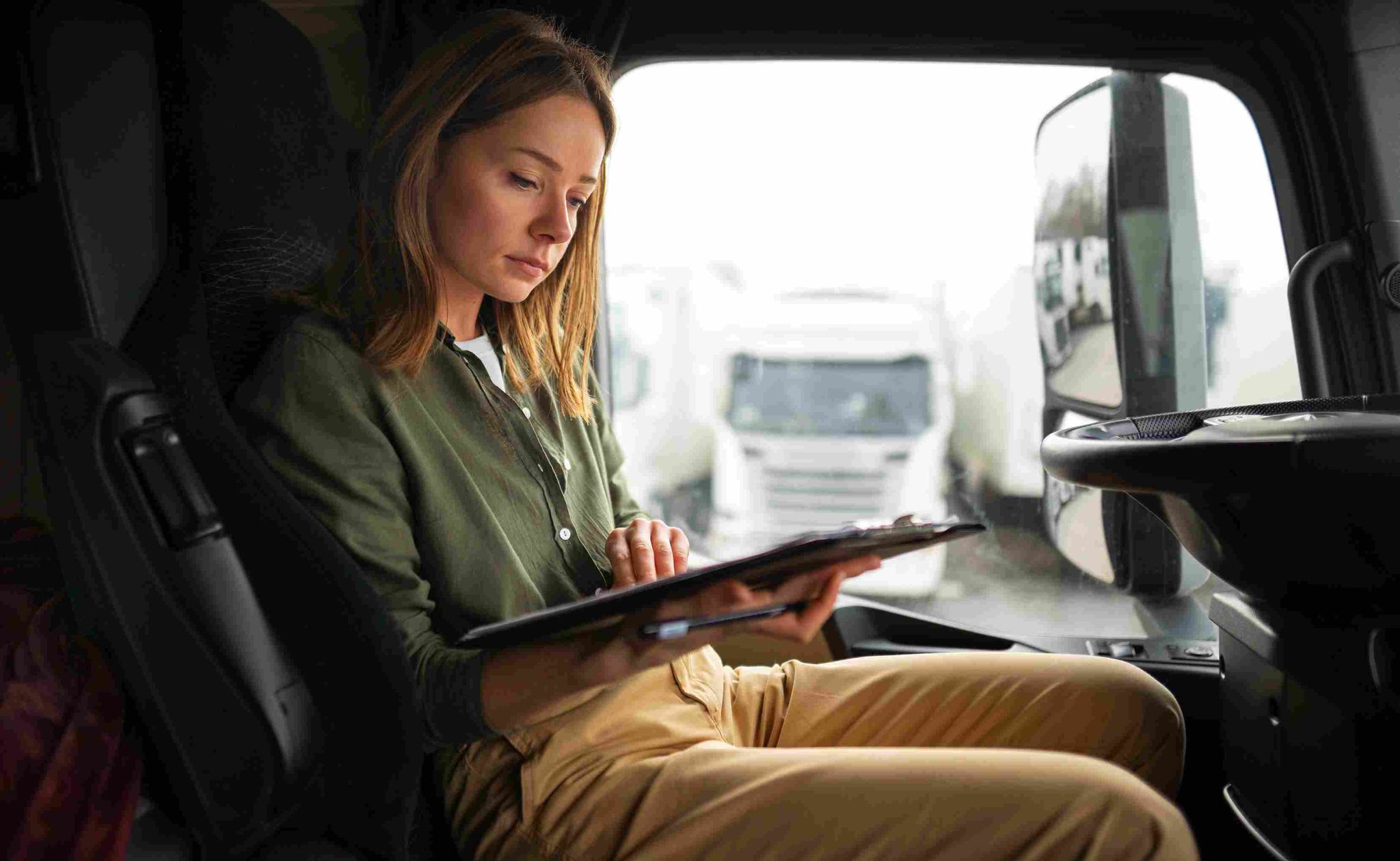 Woman sitting in a truck cab looking at a tablet