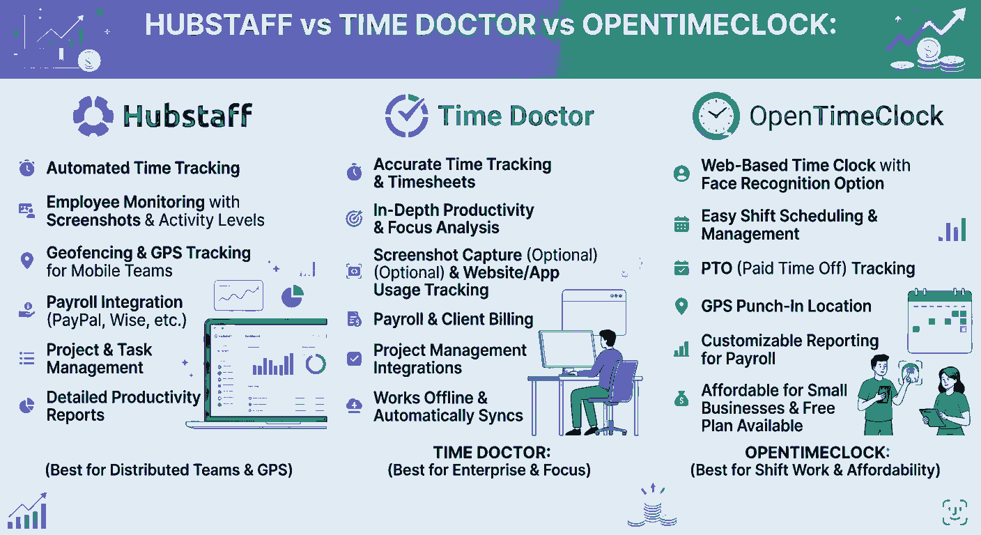 Hubstaff vs Time Doctor vs OpenTimeClock Comparison Chart