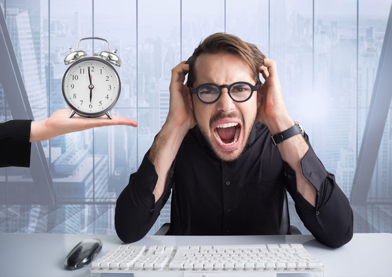 Man screaming while holding an alarm clock