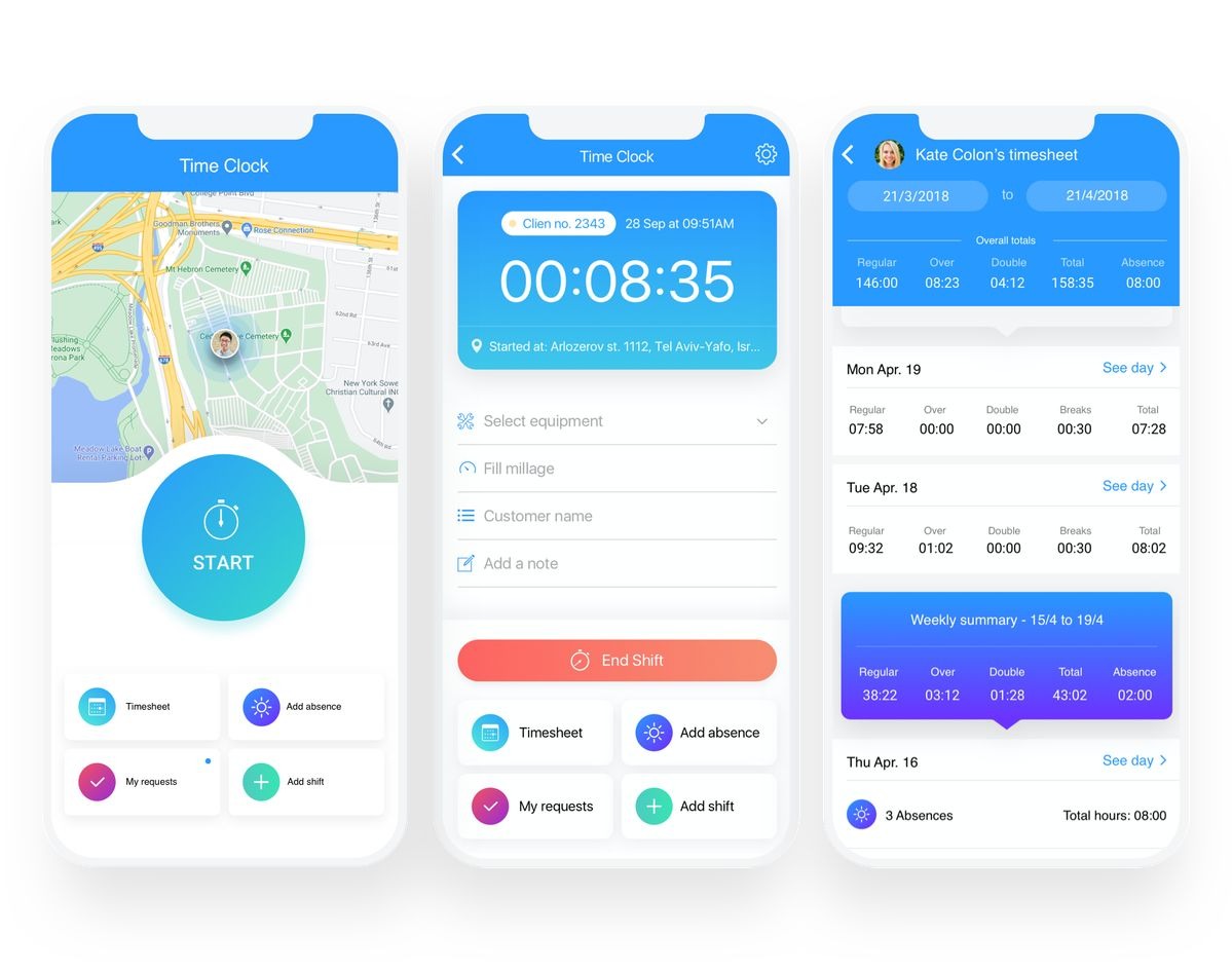 Mobile time tracking app interface on smartphones