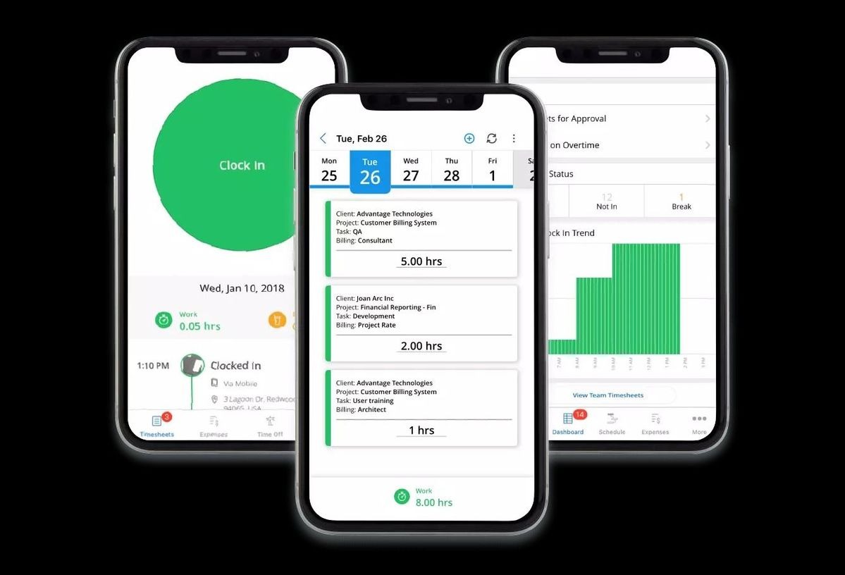 Mobile time tracking app showing timesheets and clock in