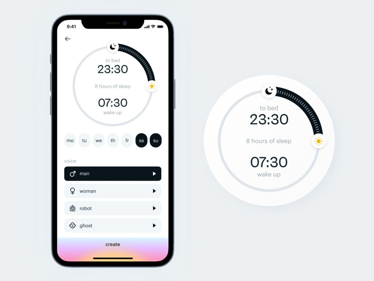 Mobile app showing sleep and wake up time tracking