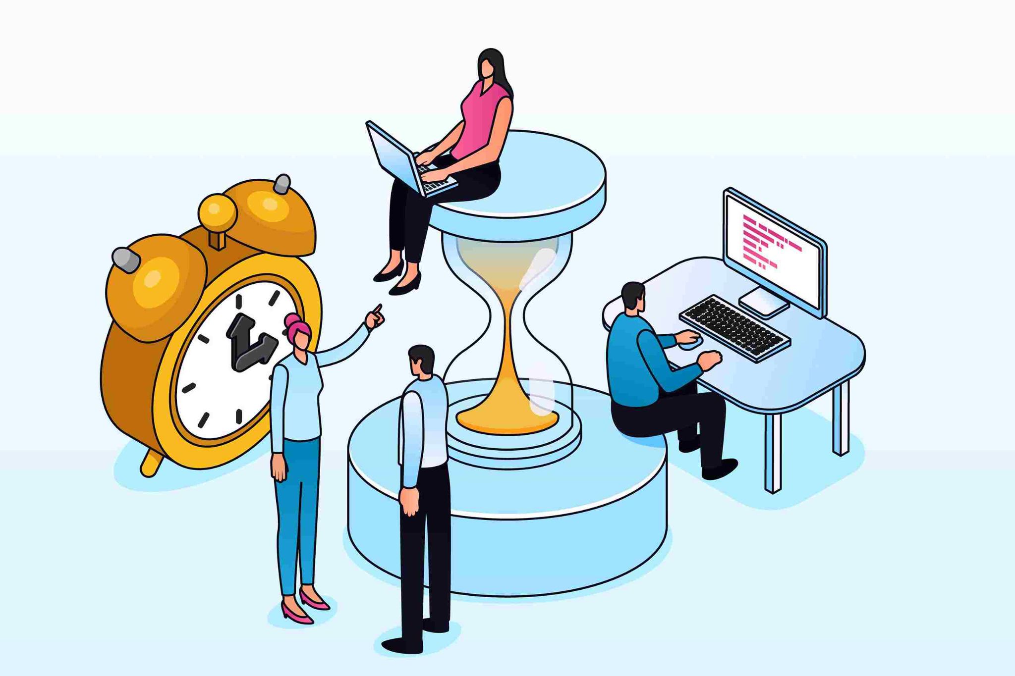 Illustration of employees working with a large clock and hourglass