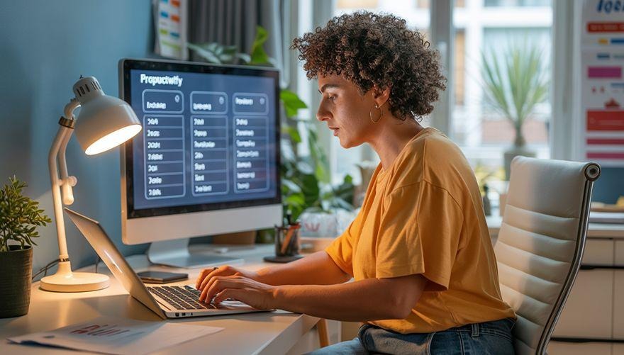 Employee checking productivity dashboard on a desktop