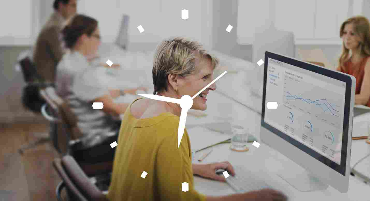 Team of employees looking at a screen with a clock overlay