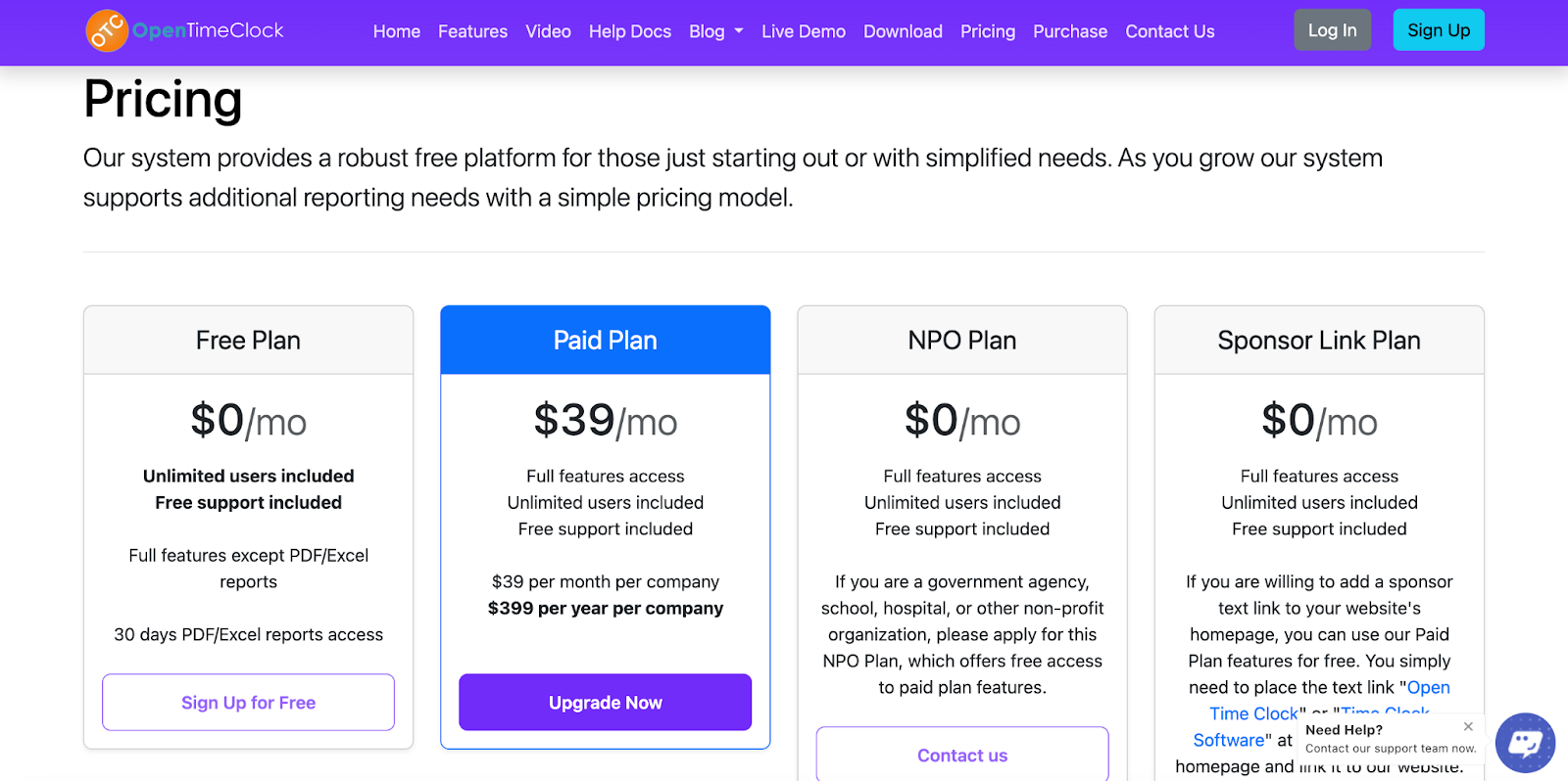 OpenTimeClock Pricing Plans Overview