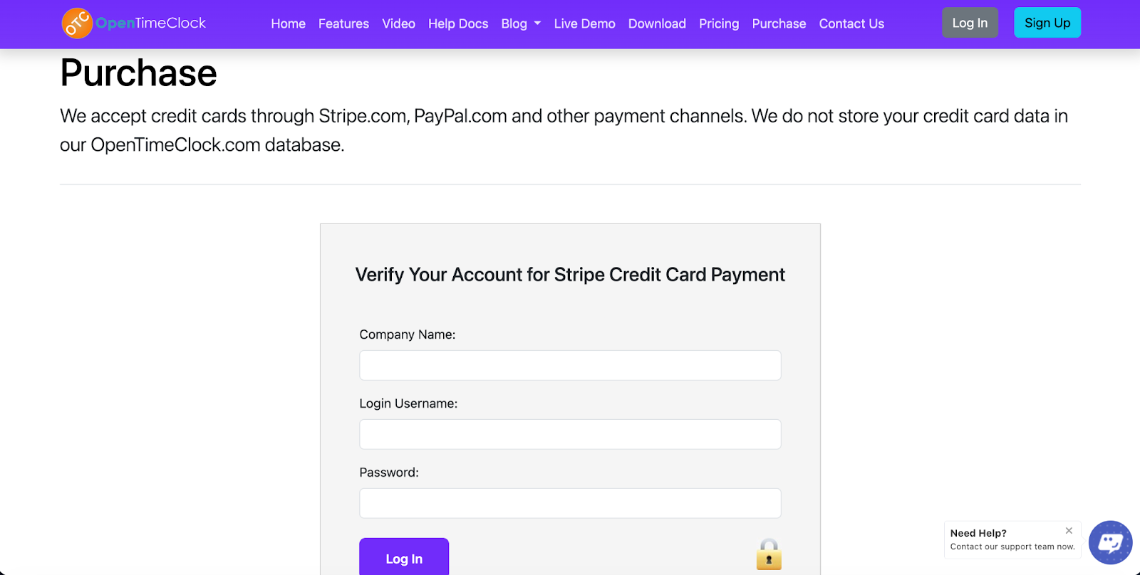 OpenTimeClock Purchase and Stripe Verification