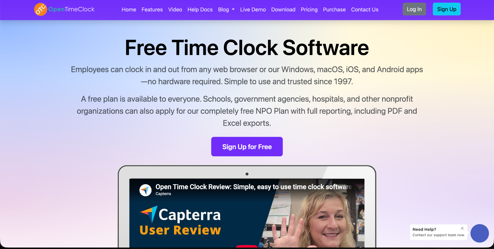OpenTimeClock interface showing free time clock software features