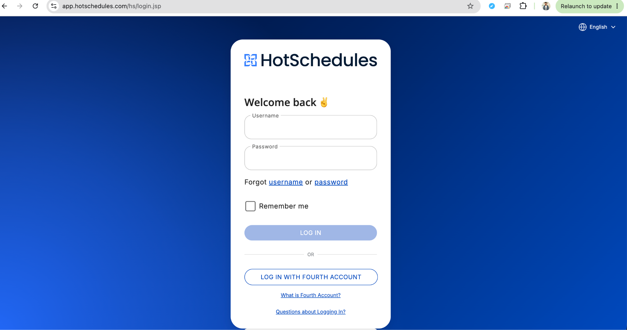 HotSchedules Login Screen