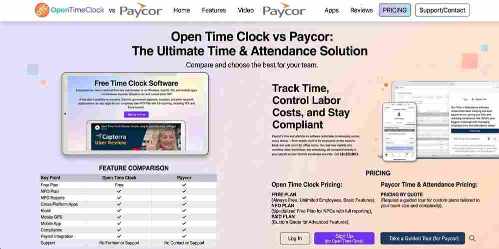 Feature and pricing comparison chart between OpenTimeClock and Paycor