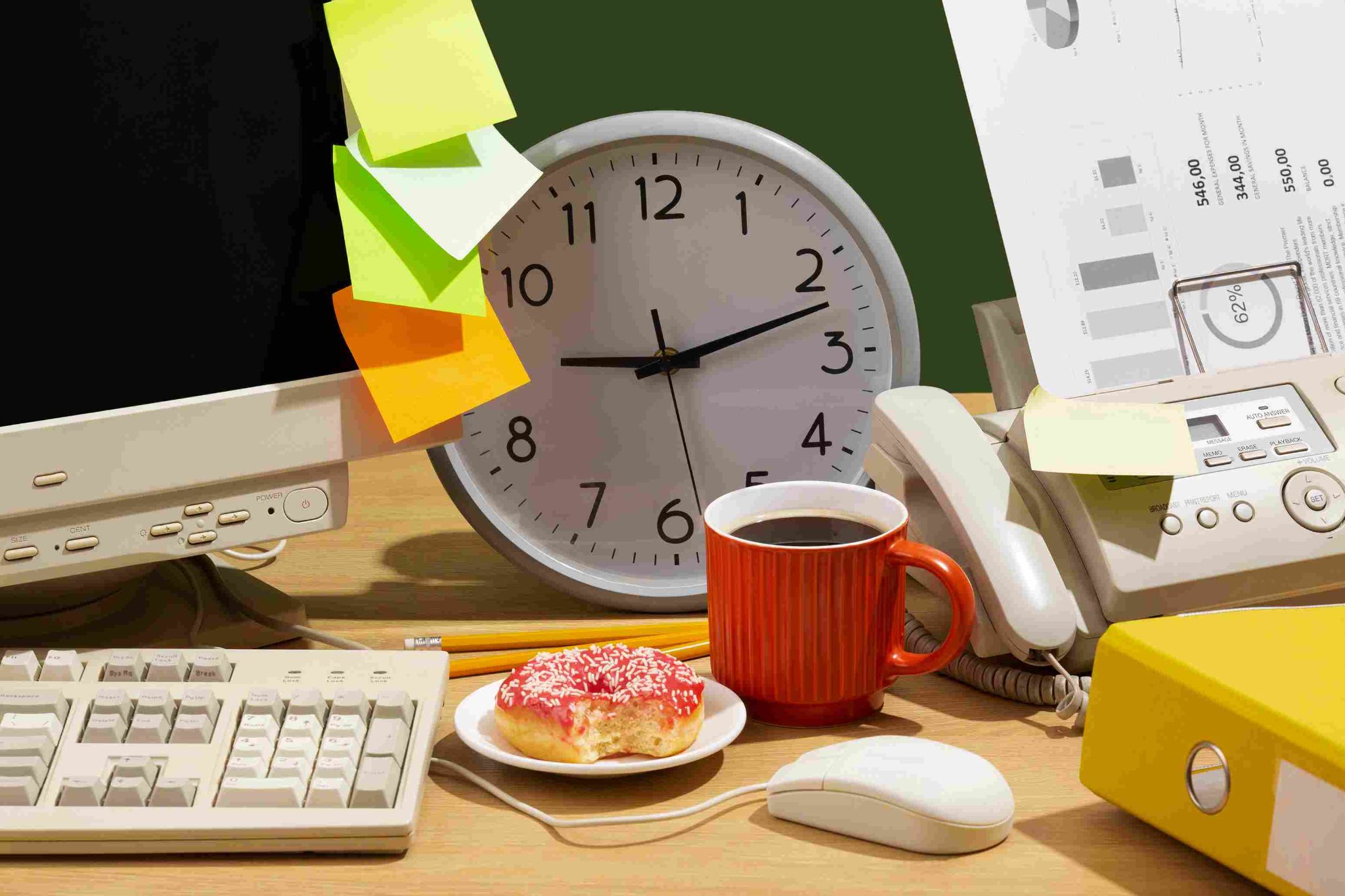 Paper timesheet and clock with coffee and donut