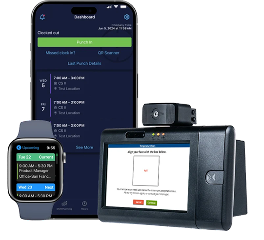 Mobile app and physical time clock terminal