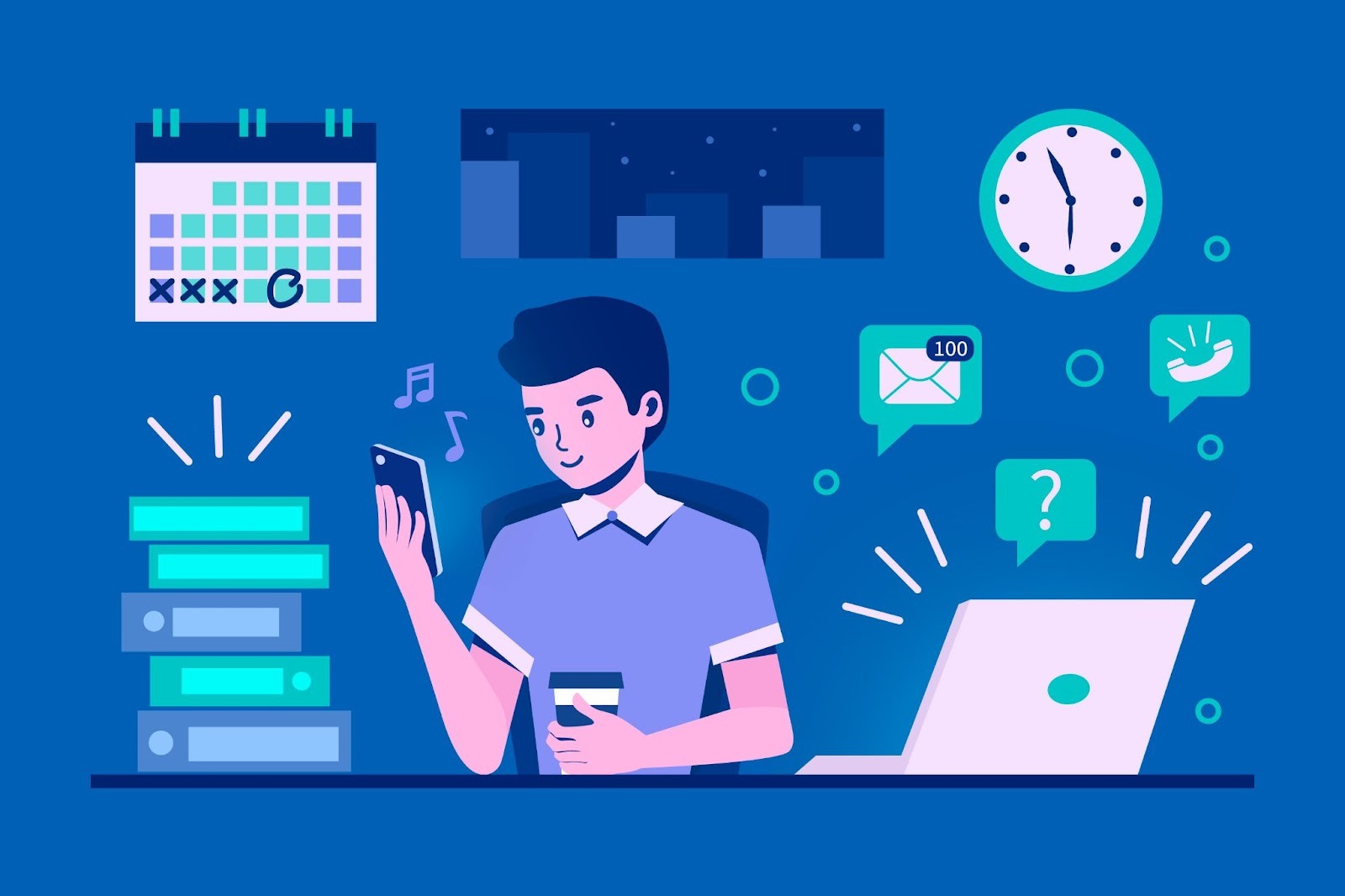 Illustration of a person managing time and payroll on digital devices