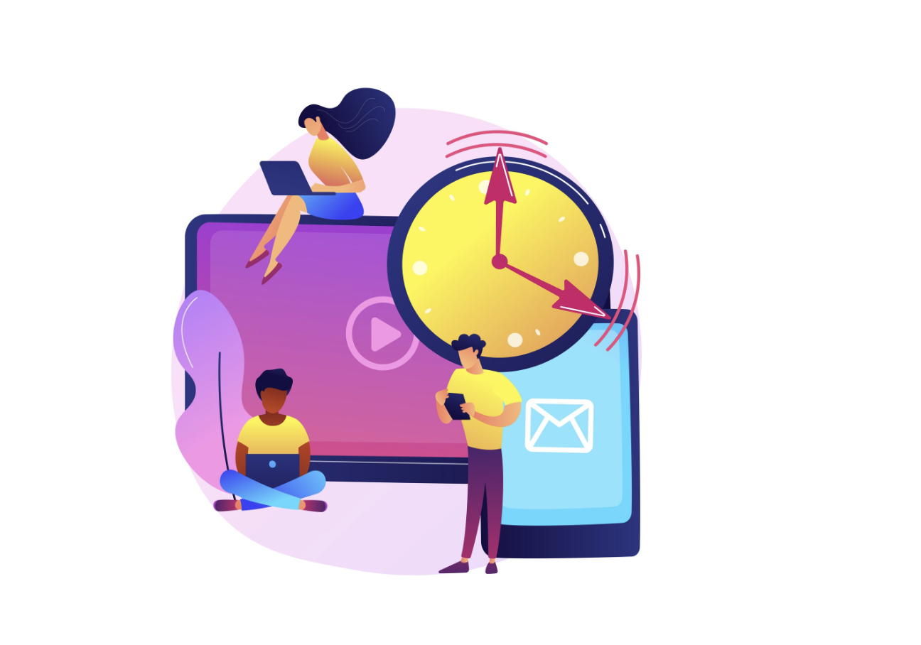 Illustration of people, clock, and calendar screen representing PEO time tracking