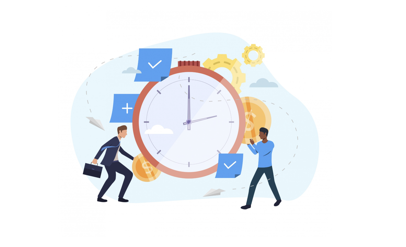 Illustration of people around a clock with checkmarks representing verified time data