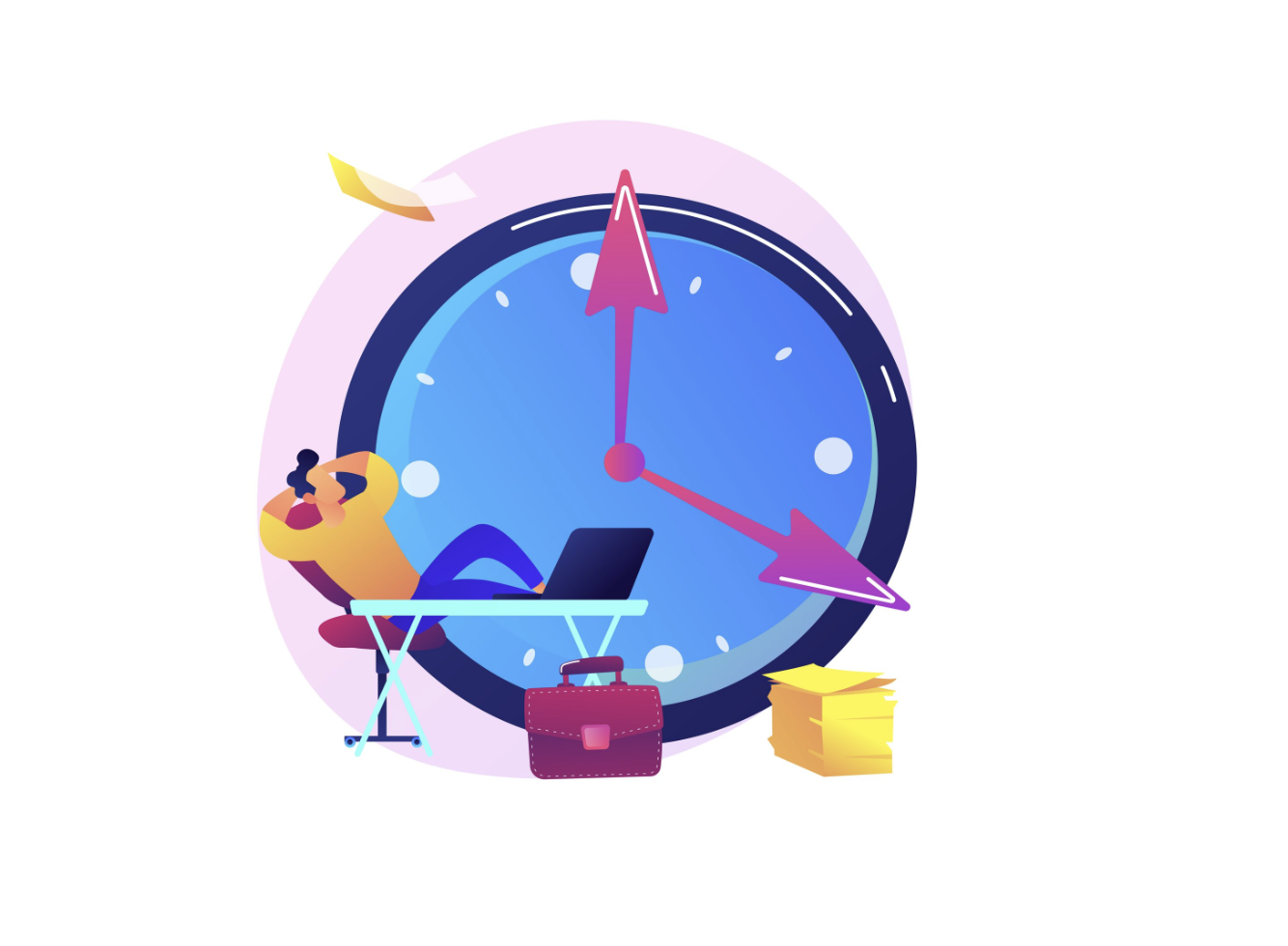 Illustration of a person sitting on a clock with a laptop representing seamless PEO integration