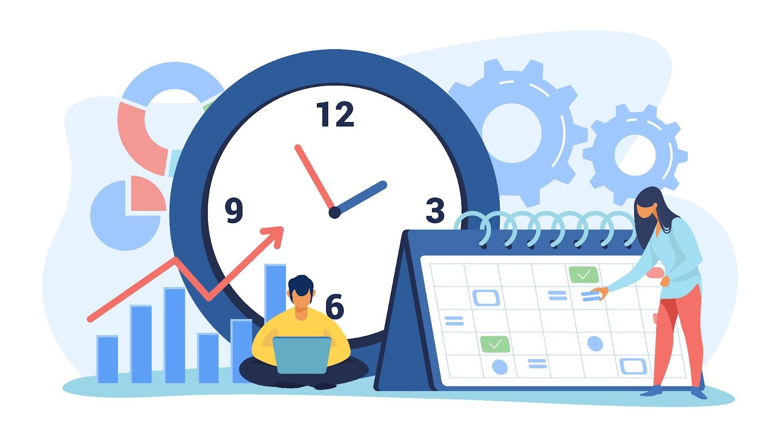 Illustration of a clock, calendar, charts, and people working