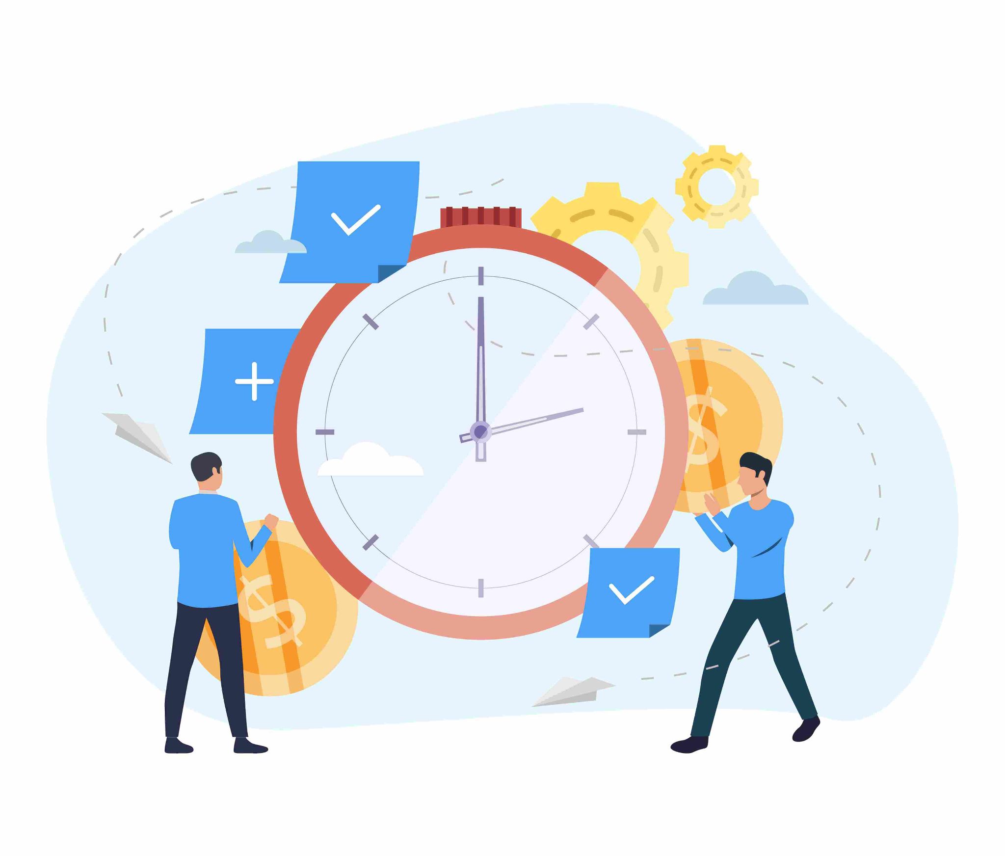 Illustration of people with a large clock and checkmarks
