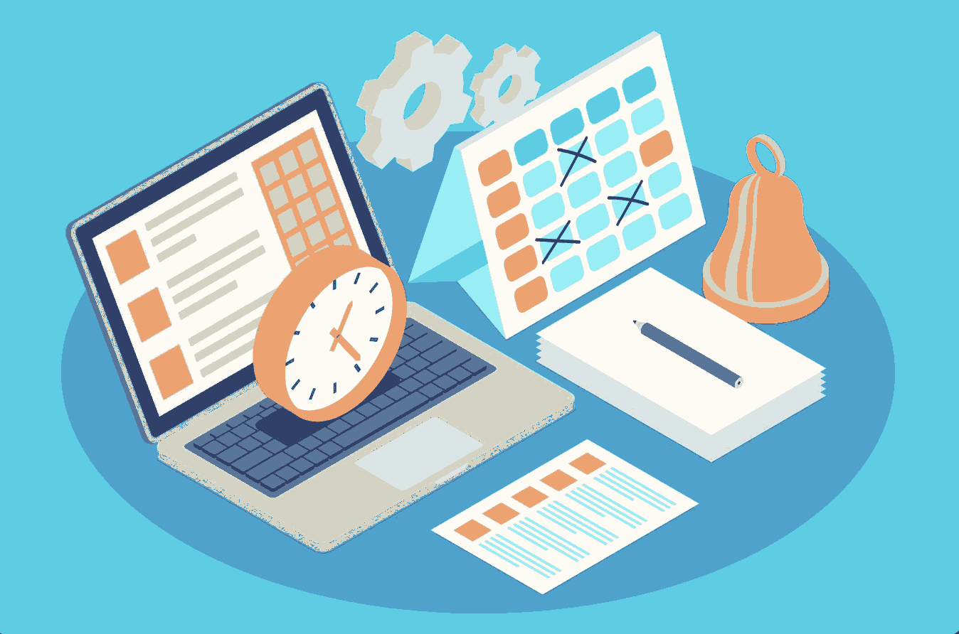 Illustration of a laptop, clock, calendar, and office elements