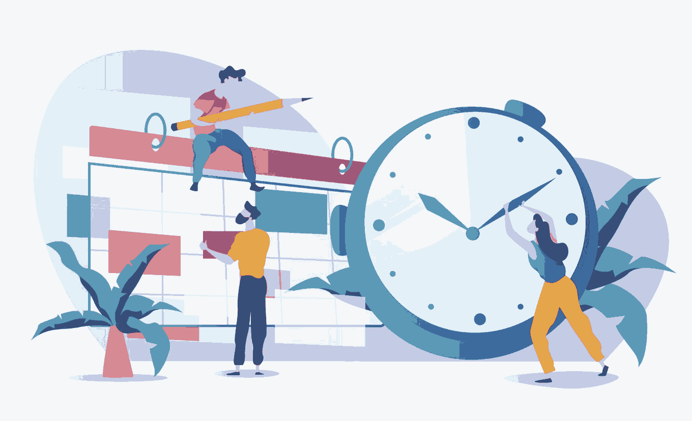 Illustration of people interacting with a large clock and calendar