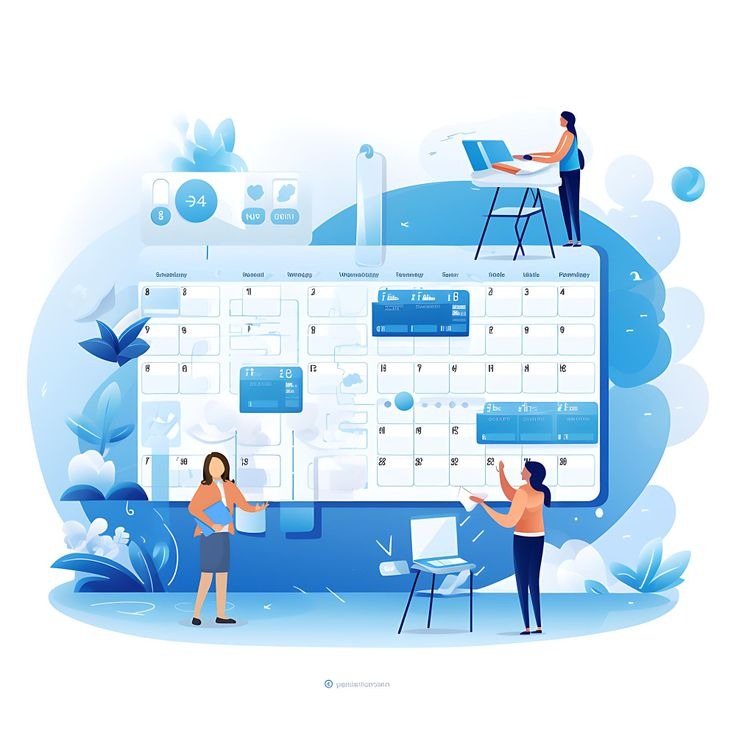 Illustration showing people interacting with a digital calendar and attendance tracking interface