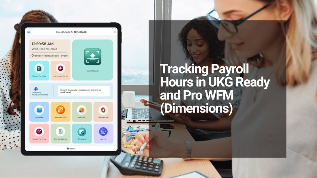 Tablet showing time tracking dashboard with a person in the background