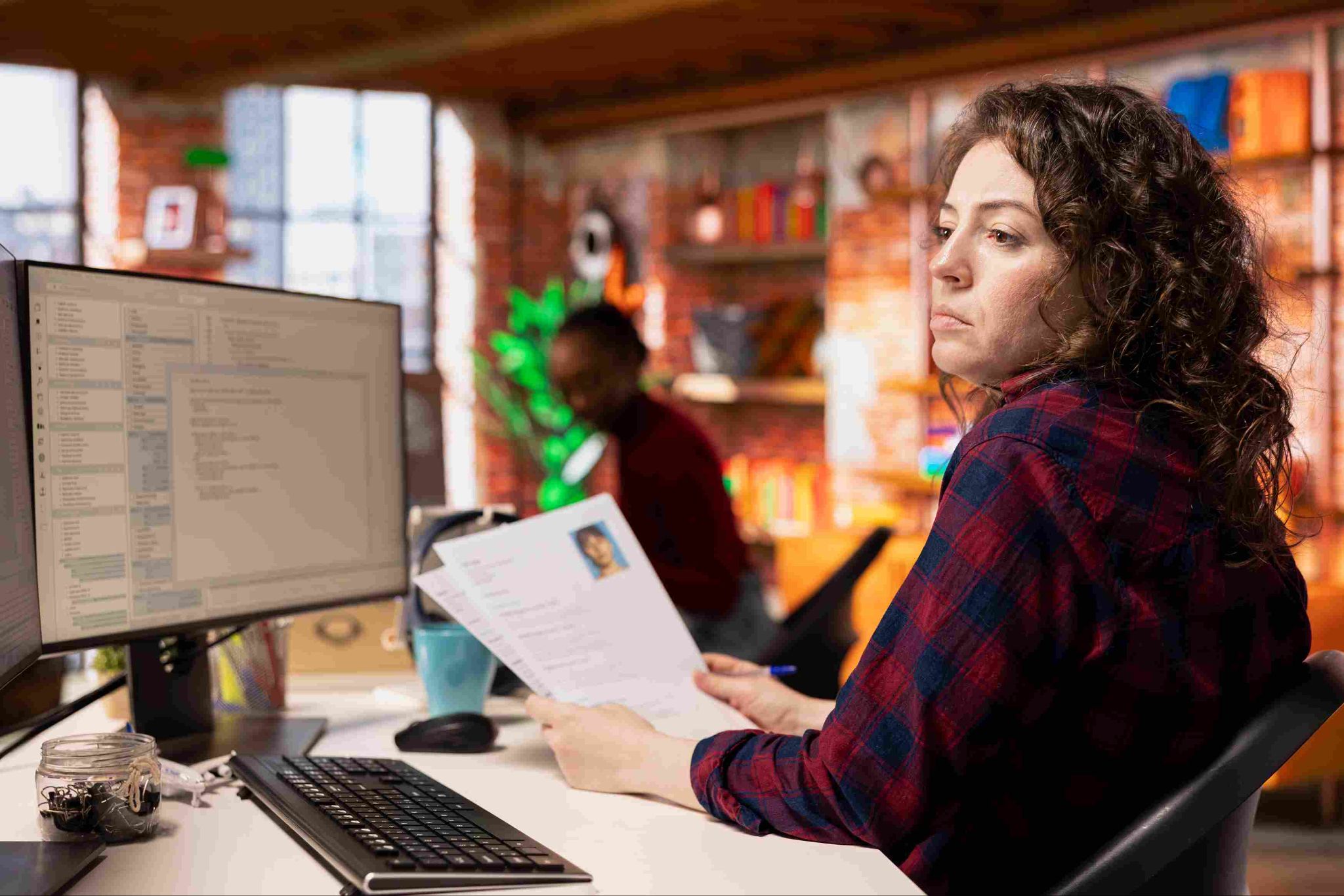 Woman working at a computer desk