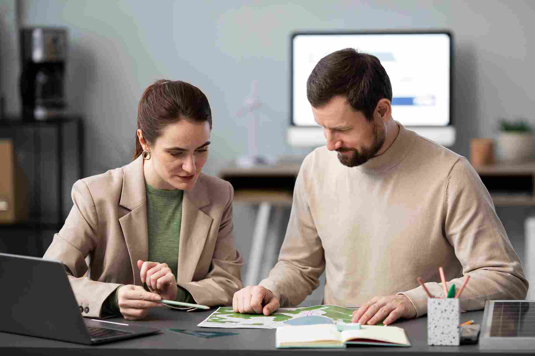 HR professionals discussing payroll periods at a desk