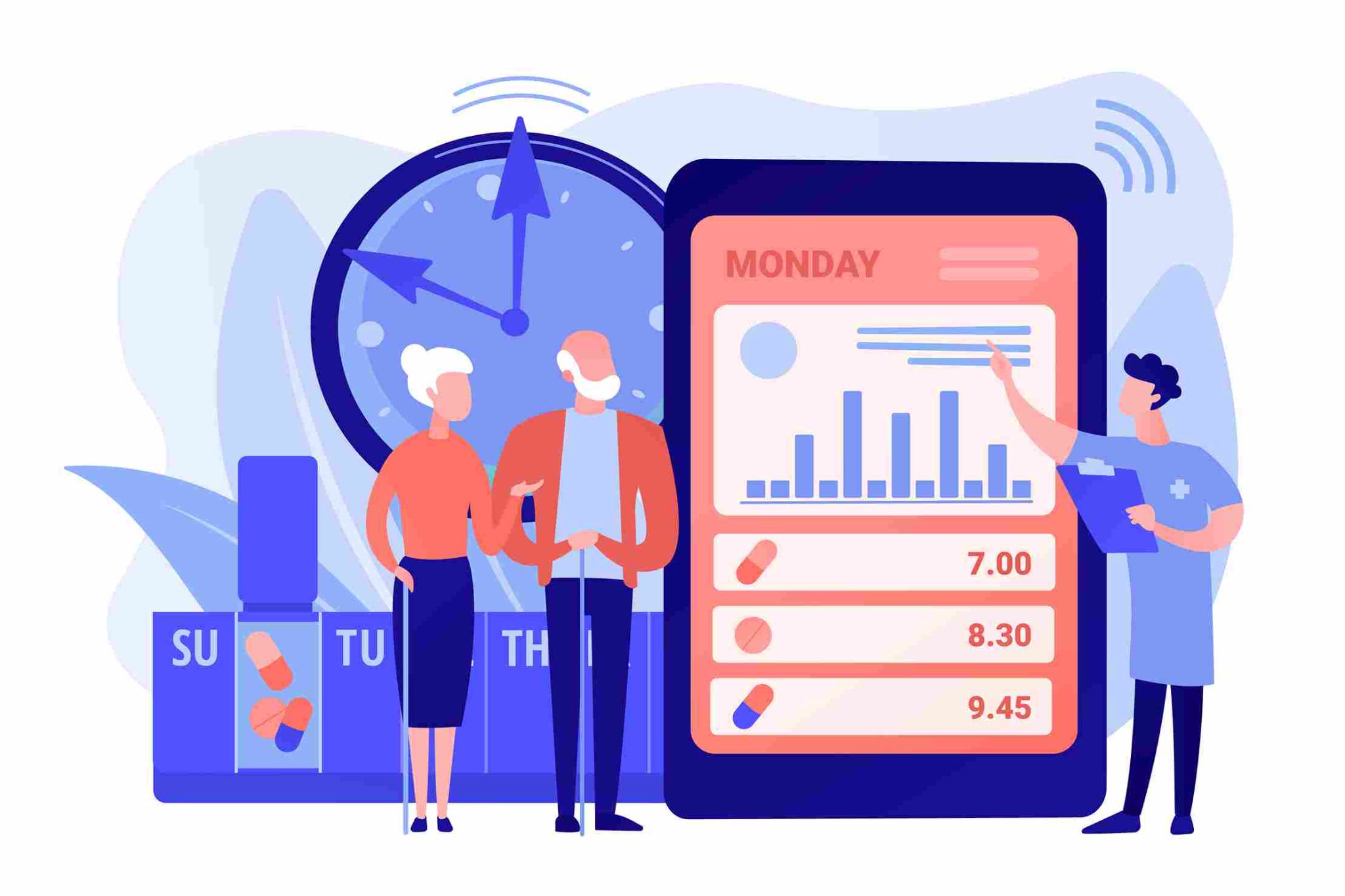 Illustration showing people, a clock, and a mobile phone displaying a schedule and pills