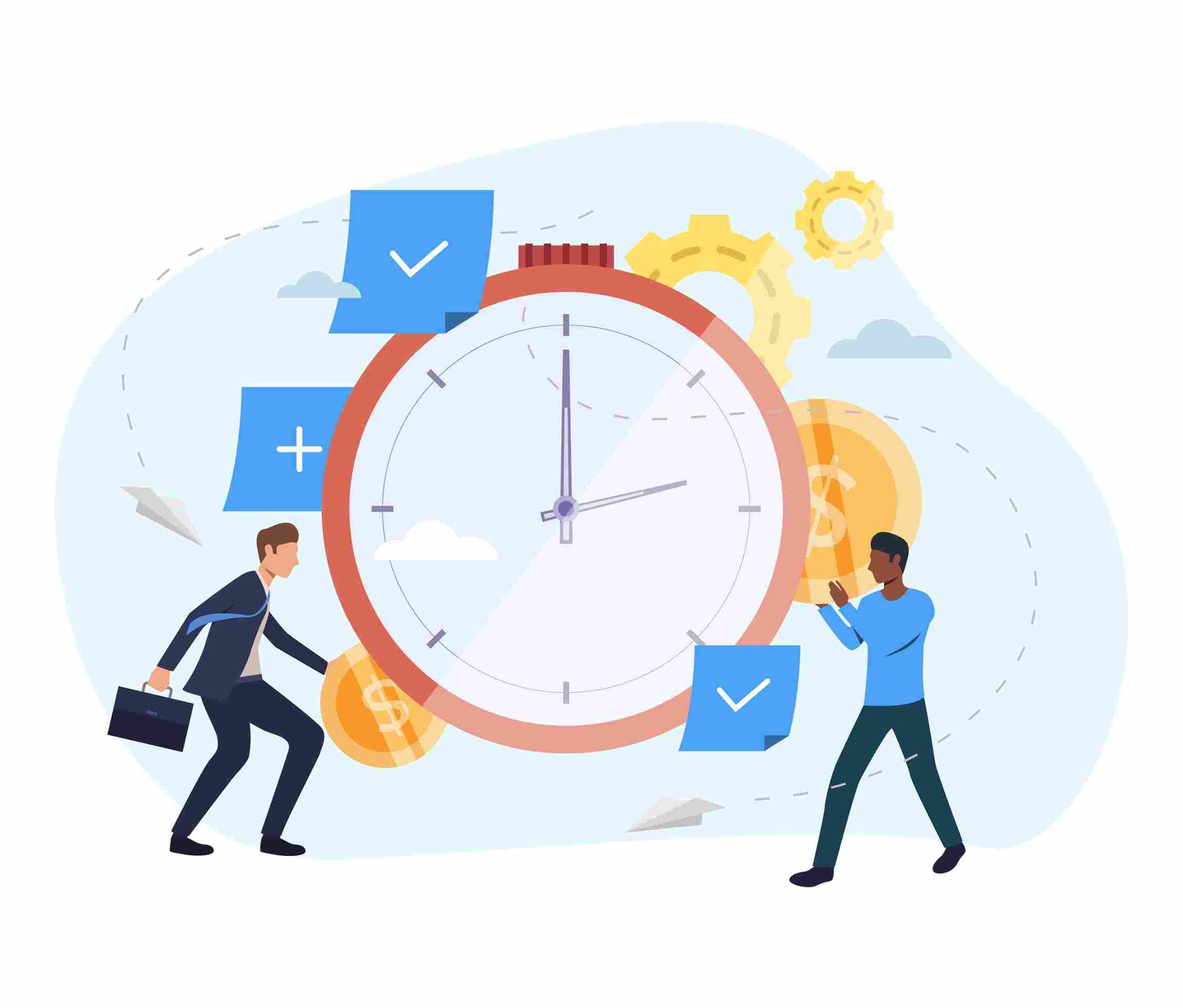 Illustration of a giant clock with employees accessing it seamlessly